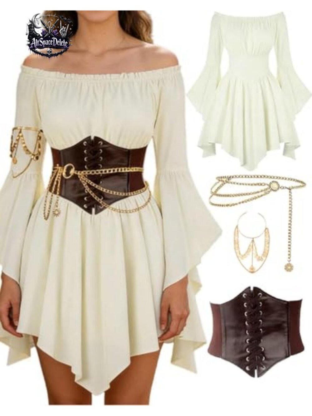 Renaissance Costume Women Pirate Fairy Dress PU Leather Corset 4 Pc Set
